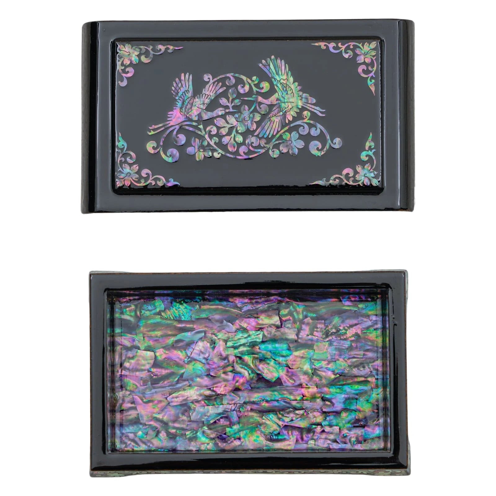 Mother-of-pearl jewelry box with lid showing bird motifs, open to reveal vibrant, iridescent interior