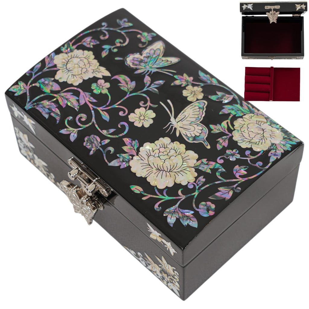 Mother-of-pearl jewelry box with red velvet interior for rings and accessories