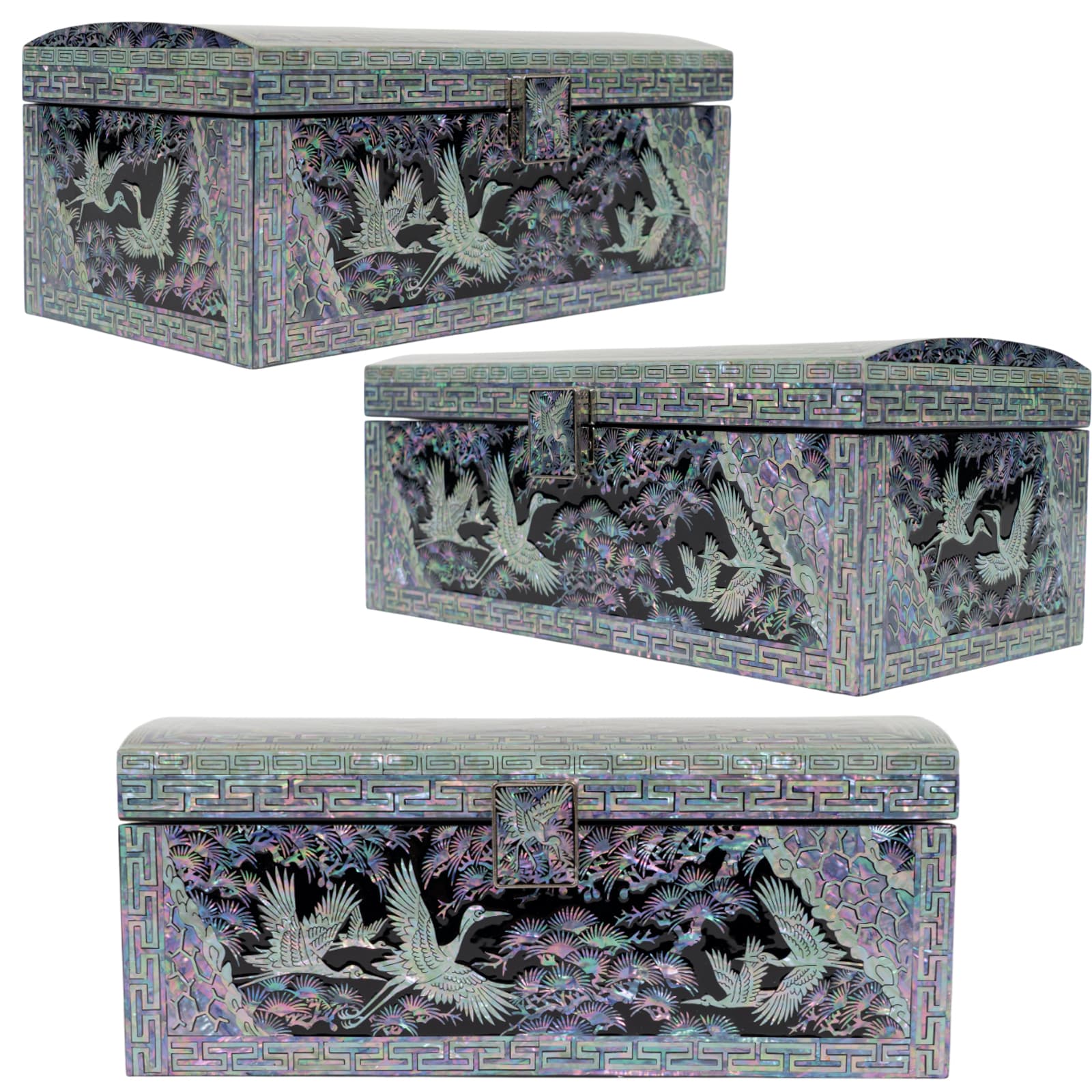 Mother-of-pearl lacquer jewelry box with flying cranes and pine trees, handcrafted Korean inlay art