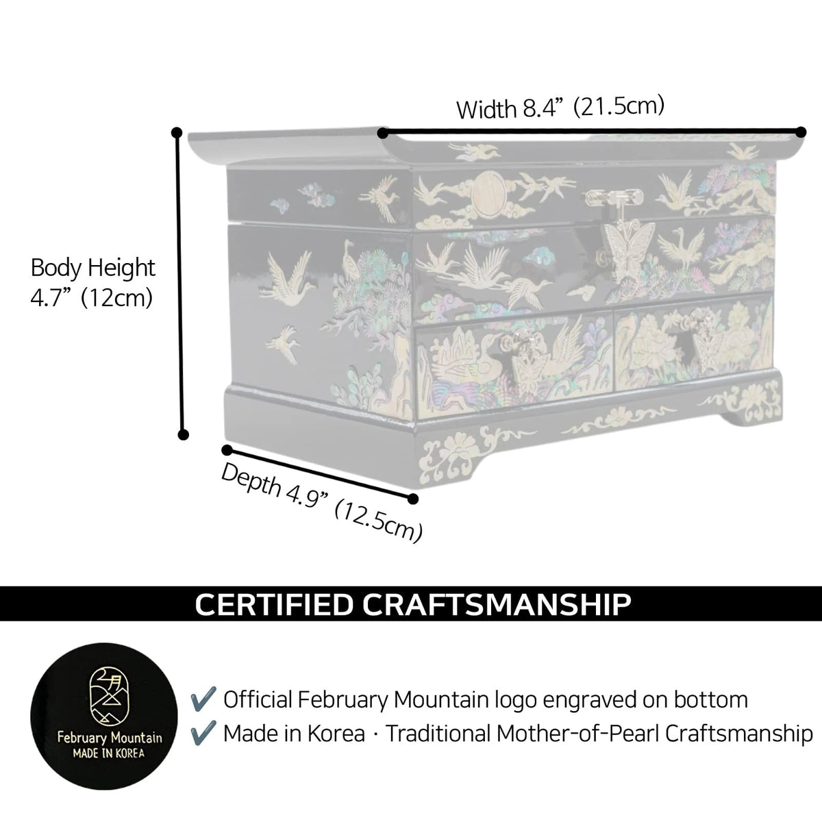 Mother of pearl jewelry box dimensions 8.4 x 4.9 x 4.7 inches, made in Korea, February Mountain logo