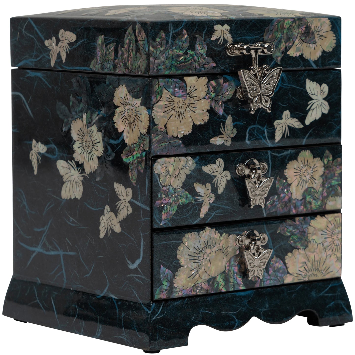 Multilayered jewelry chest with 3 drawers. Showcasing exquisite mother of pearl flowers and iridescent butterfly accents on a high-gloss artisan box.