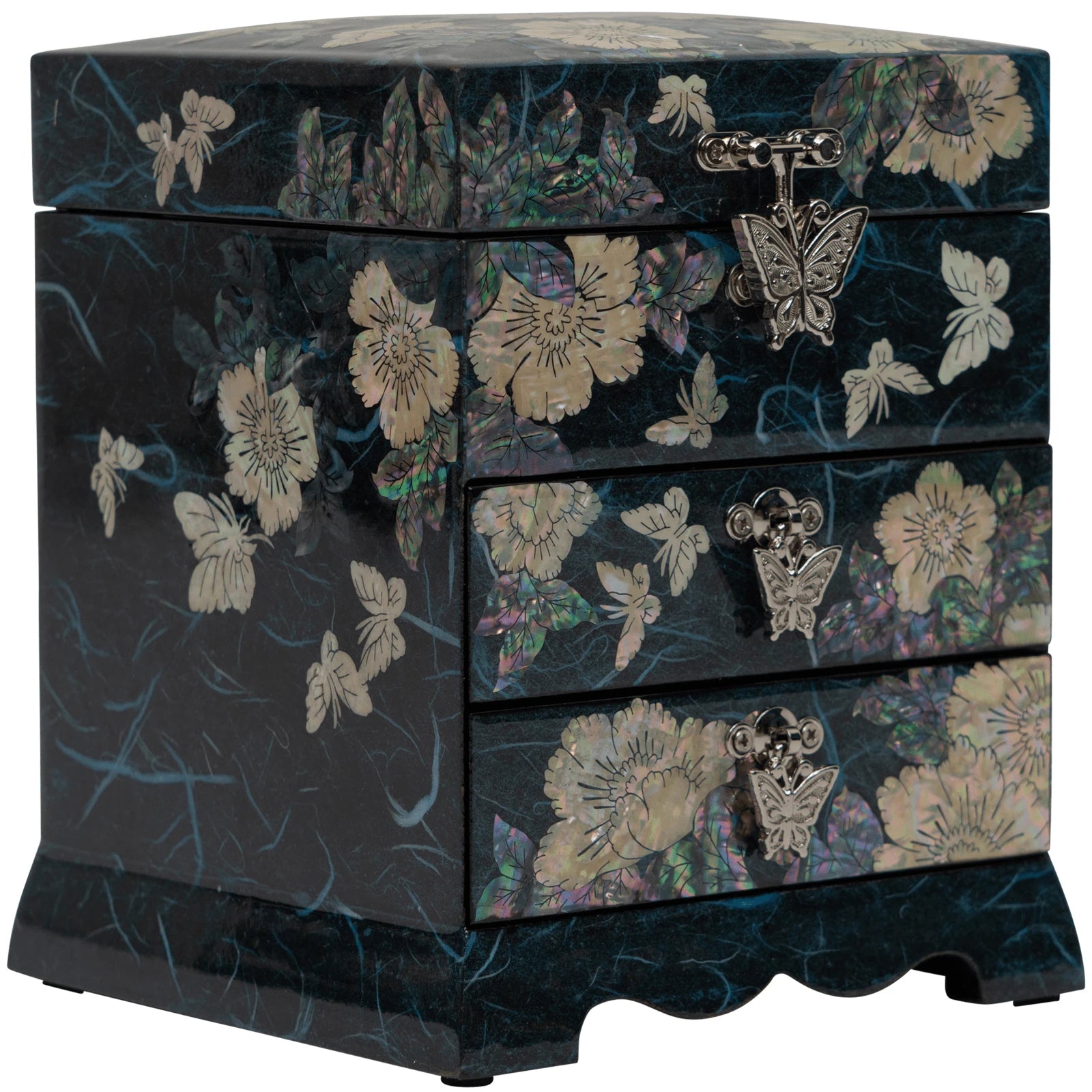 Multilayered jewelry chest with 3 drawers. Showcasing exquisite mother of pearl flowers and iridescent butterfly accents on a high-gloss artisan box.