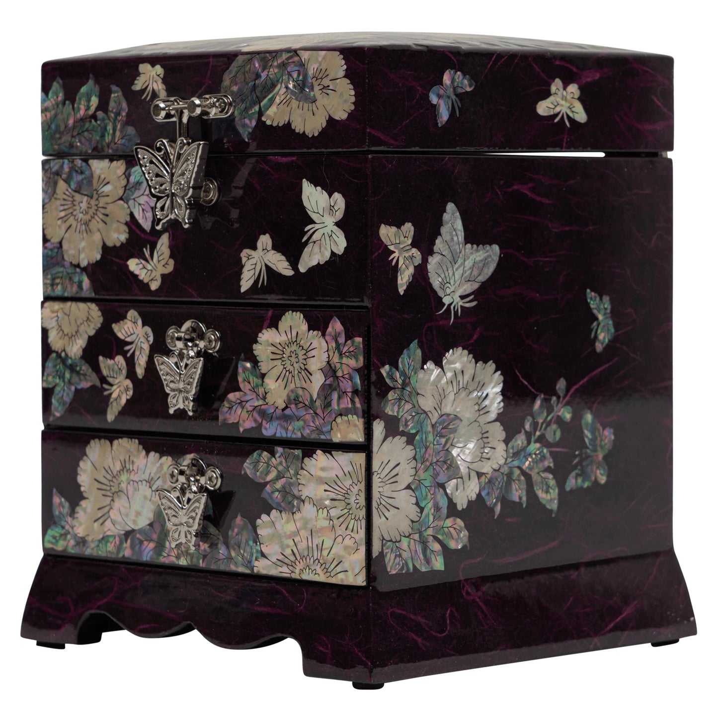 Multilayered jewelry chest with 3 drawers. Showcasing exquisite mother of pearl flowers and iridescent butterfly accents on a high-gloss artisan box.