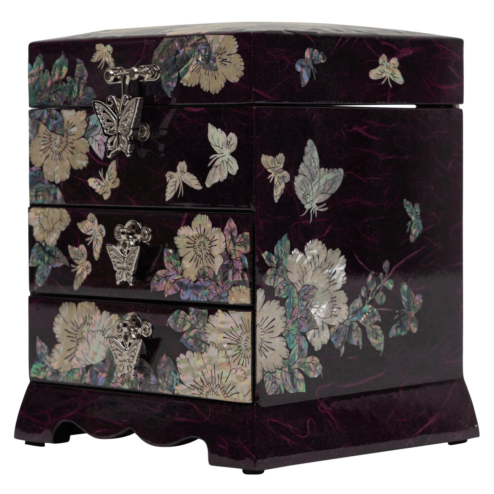 Multilayered jewelry chest with 3 drawers. Showcasing exquisite mother of pearl flowers and iridescent butterfly accents on a high-gloss artisan box.