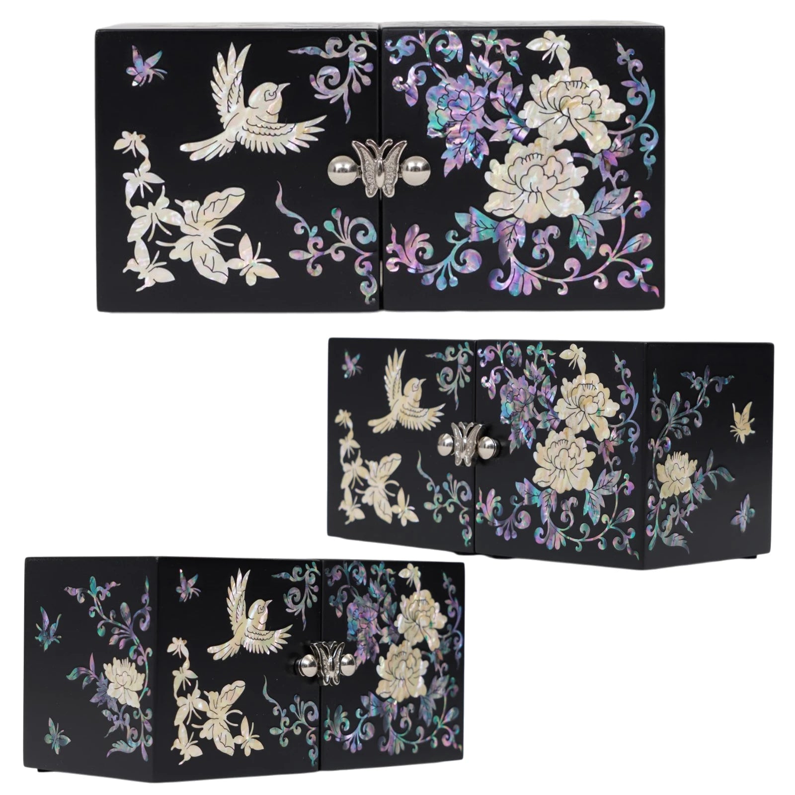 Multiple angles of butterfly lacquer organizer box, showing premium iridescent bird design, unique gift for her