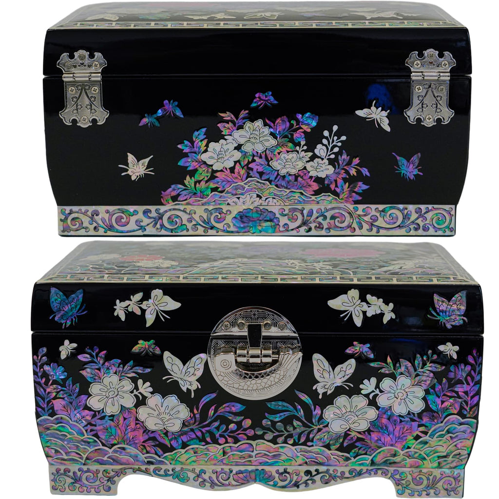 Mother-of-Pearl Floral and Butterfly Paintings on Front and Back of the Jewelry Box