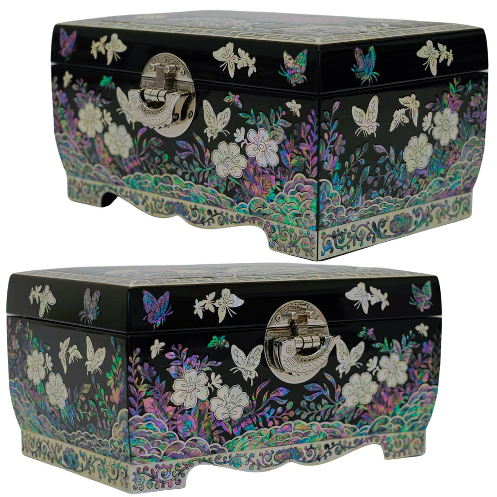 Two views of a mother-of-pearl jewelry box, each side adorned with floral and butterfly motifs, and a metal clasp on the front.