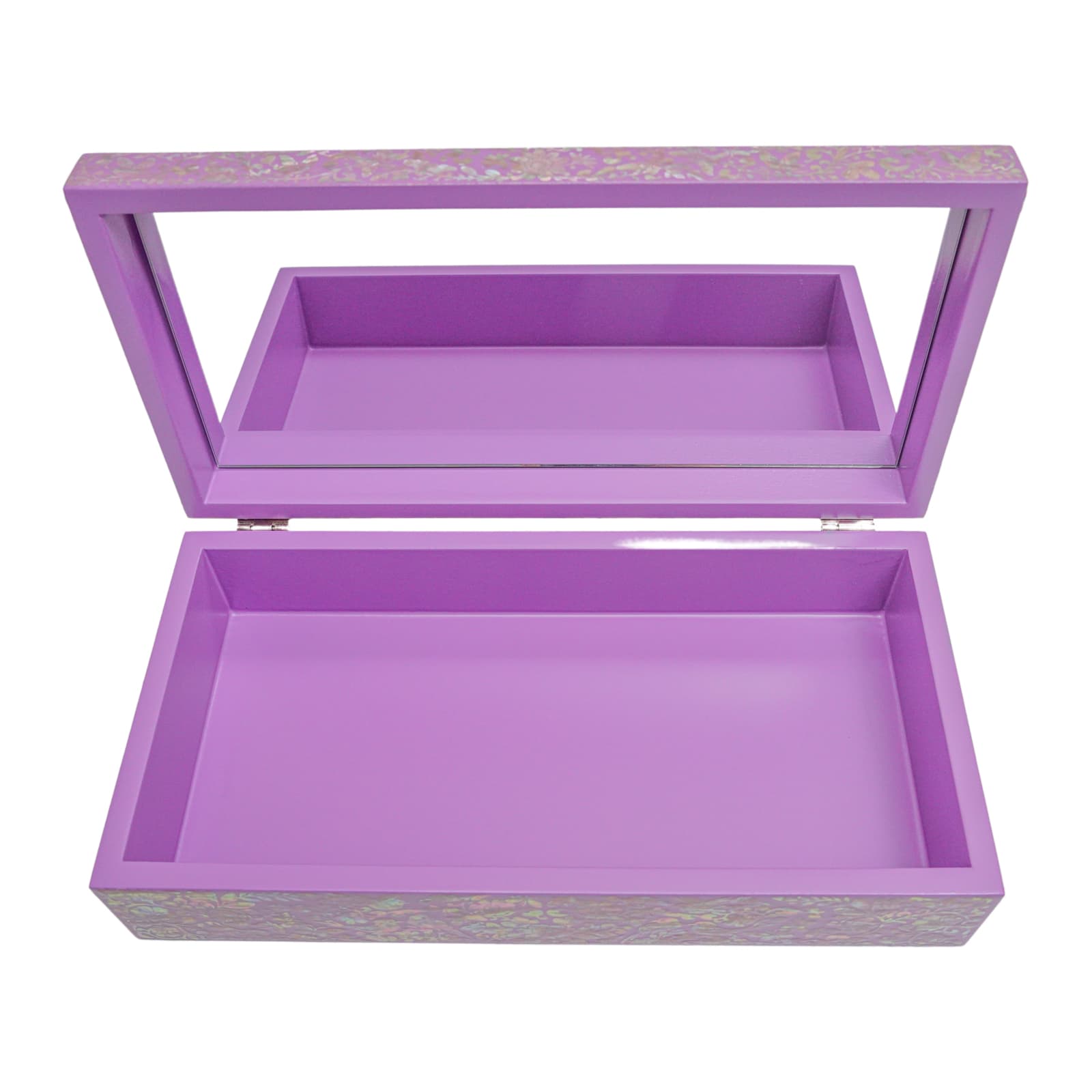 Open Purple jewelry box with mirror and spacious single compartment