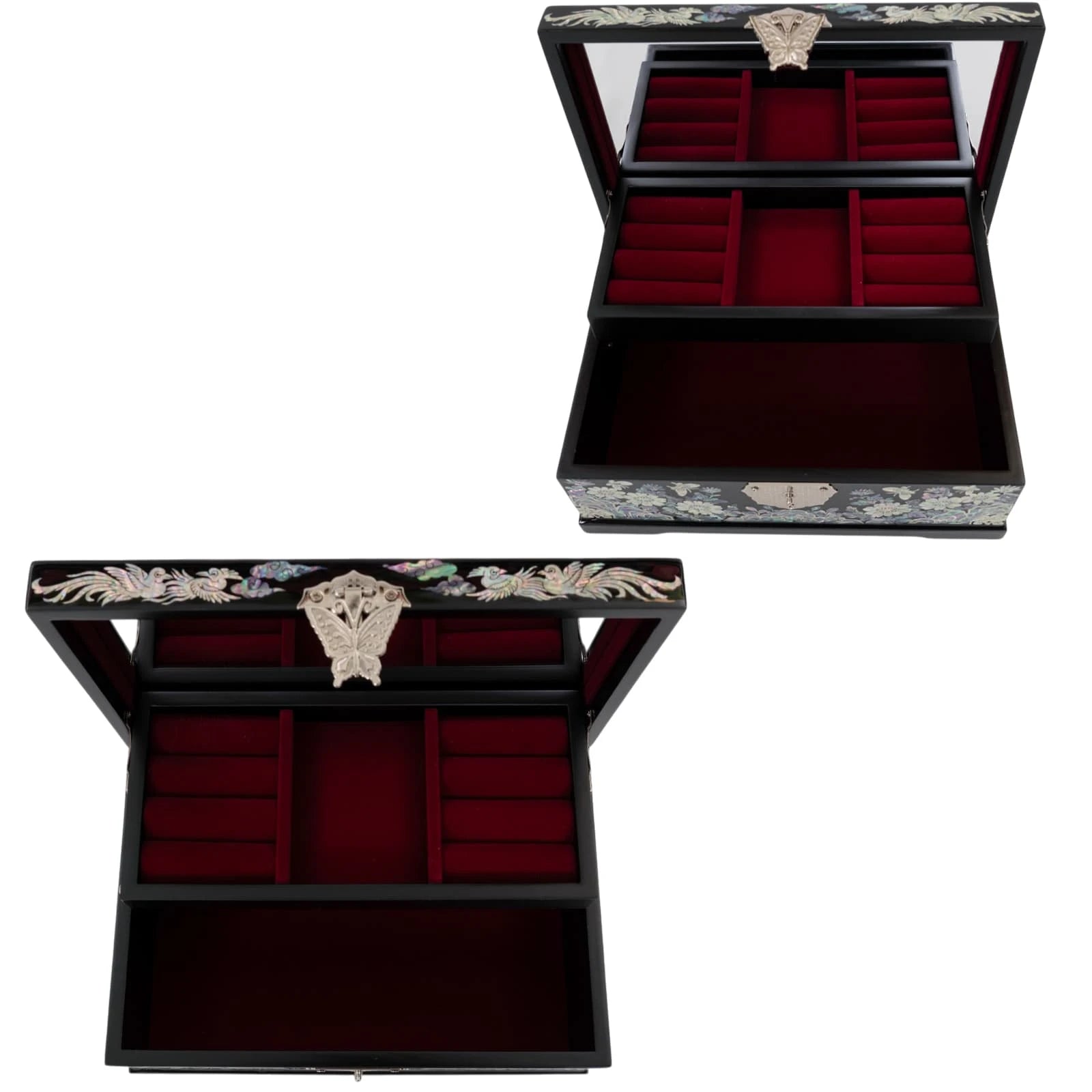 Open black 3 drawer jewelry box with red velvet ring slots, showing multi tier luxury keepsake organizer for her.