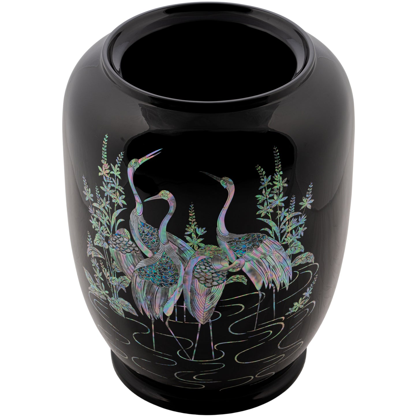 Elegant Black Container with Mother-of-Pearl Cranes and Pine Design