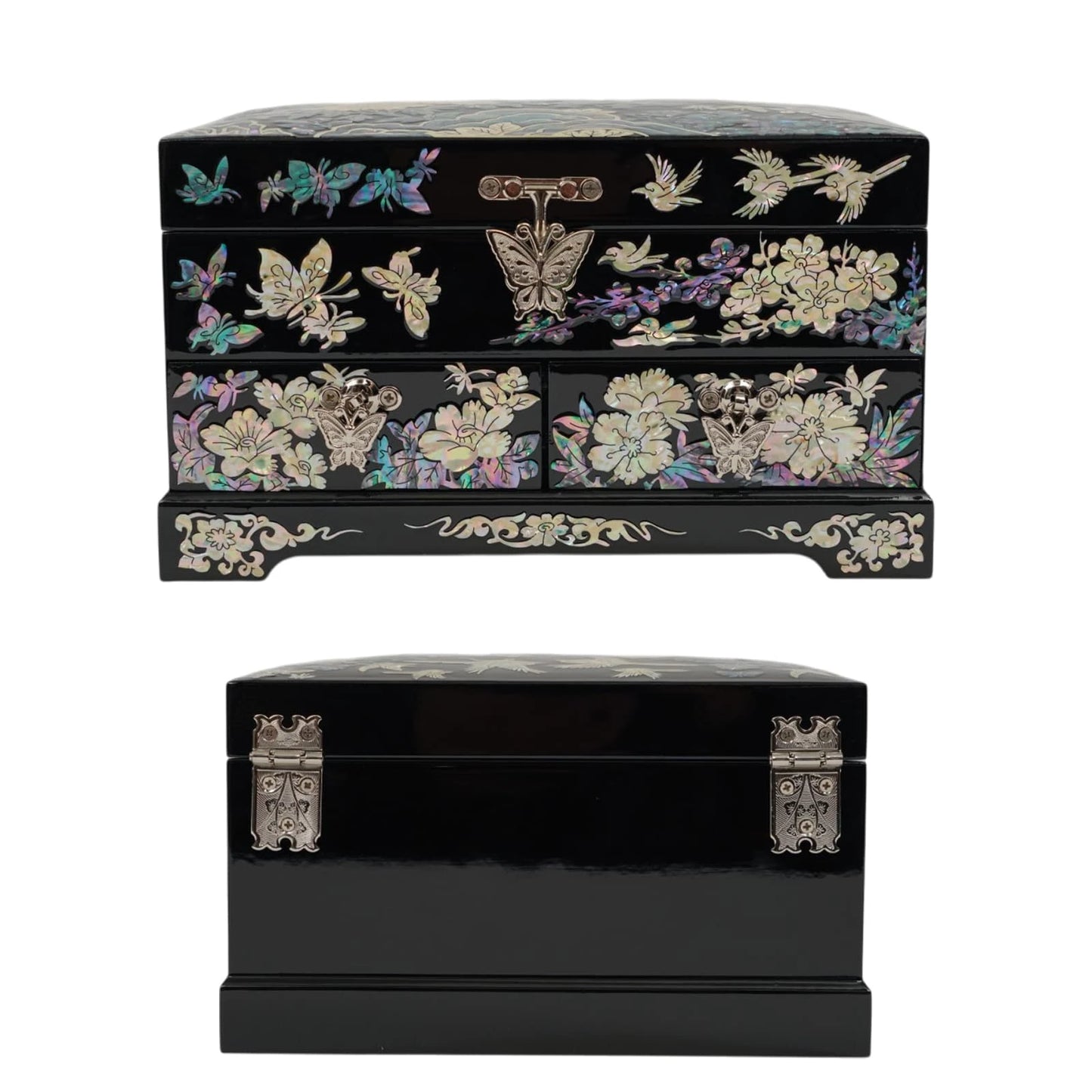 Open black jewelry box showcasing a top lid mirror, red velvet-lined ring rolls, and multi-compartment drawers for organized jewelry storage