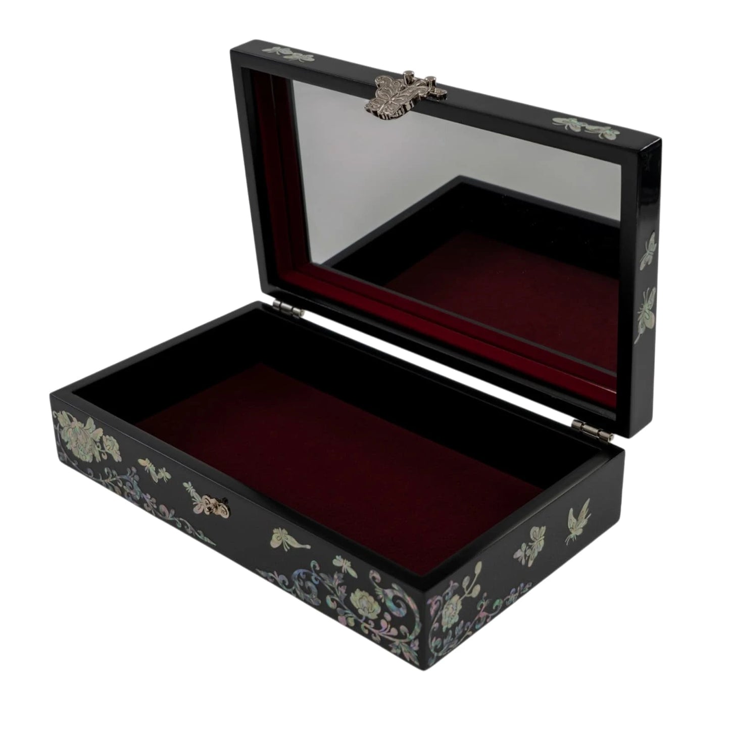 Open black lacquer box on a white background, displaying a bright red velvet interior, built-in mirror, and butterfly exterior l
