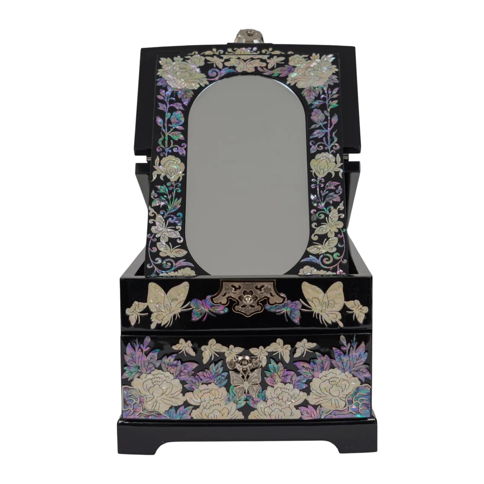 Open black lacquer jewelry box featuring built-in mirror and mother of pearl flower inlay, elegant vanity jewelry organizer