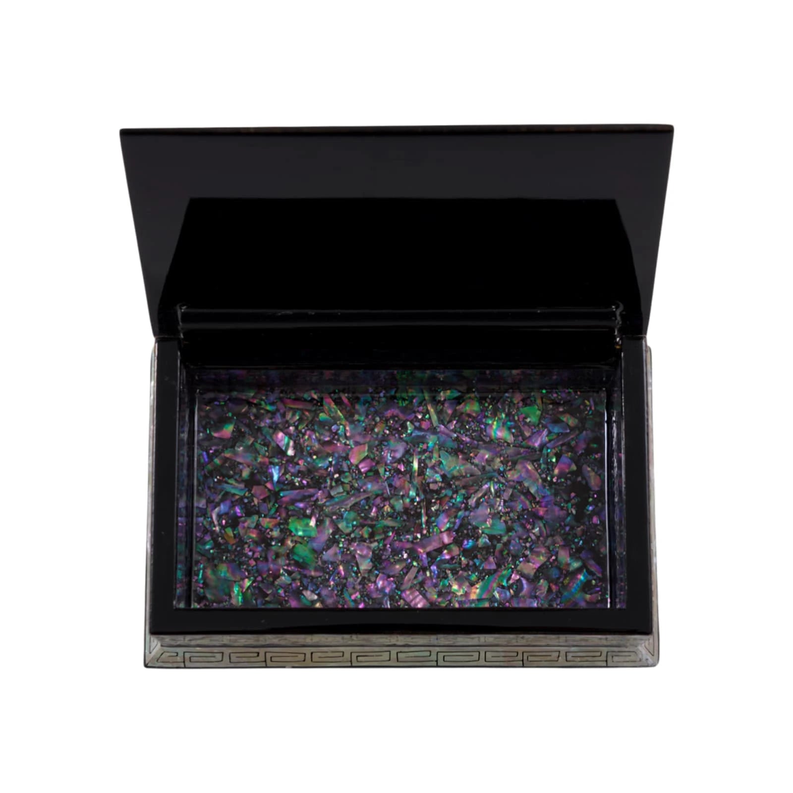 Open black lacquer jewelry box with iridescent mother-of-pearl inlay, spacious interior storage, decorative floral pattern, luxu