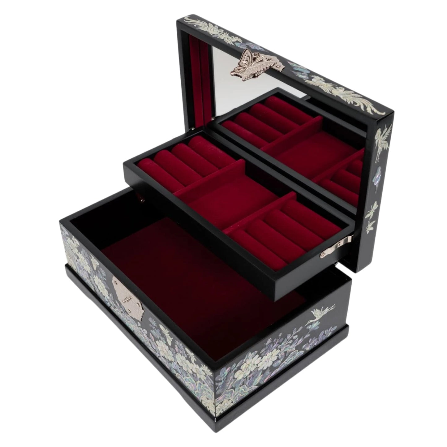 Open black lacquer jewelry chest with red velvet compartments and mirror, unique handmade gift for mothers day