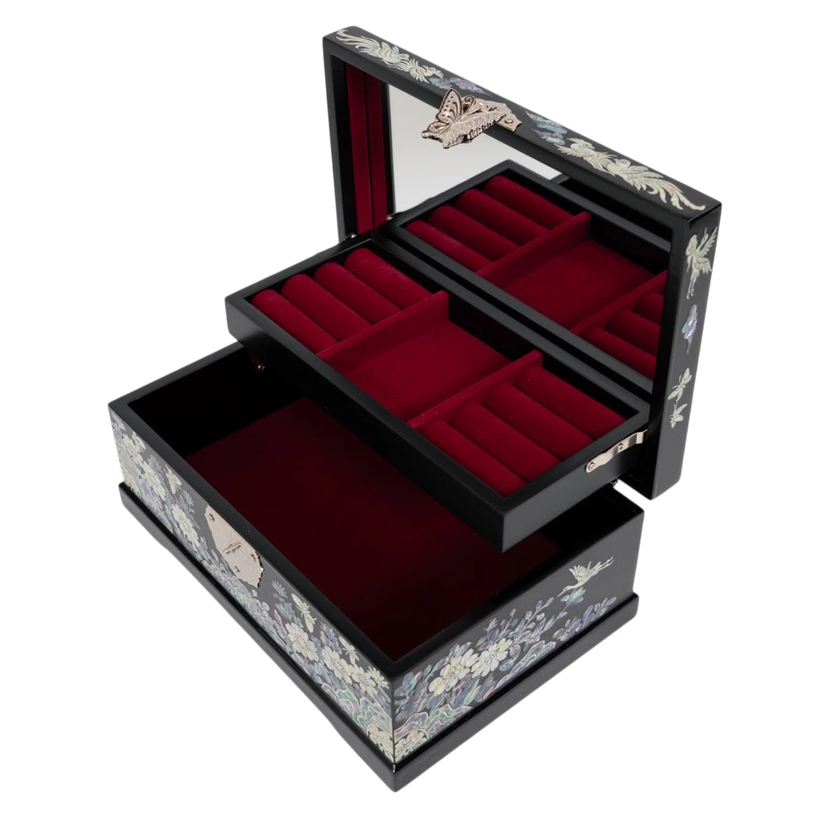 Open black lacquer jewelry chest with red velvet compartments and mirror, unique handmade gift for mothers day