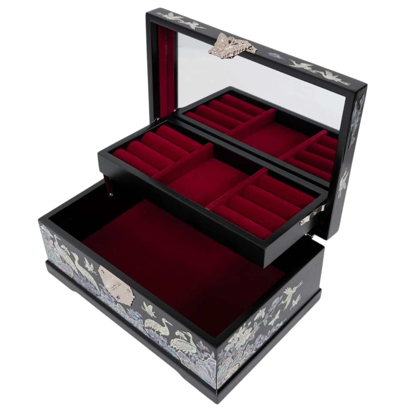 Open black lacquer jewelry organizer with cranes, featuring red velvet ring trays and mirror, unique anniversary gift