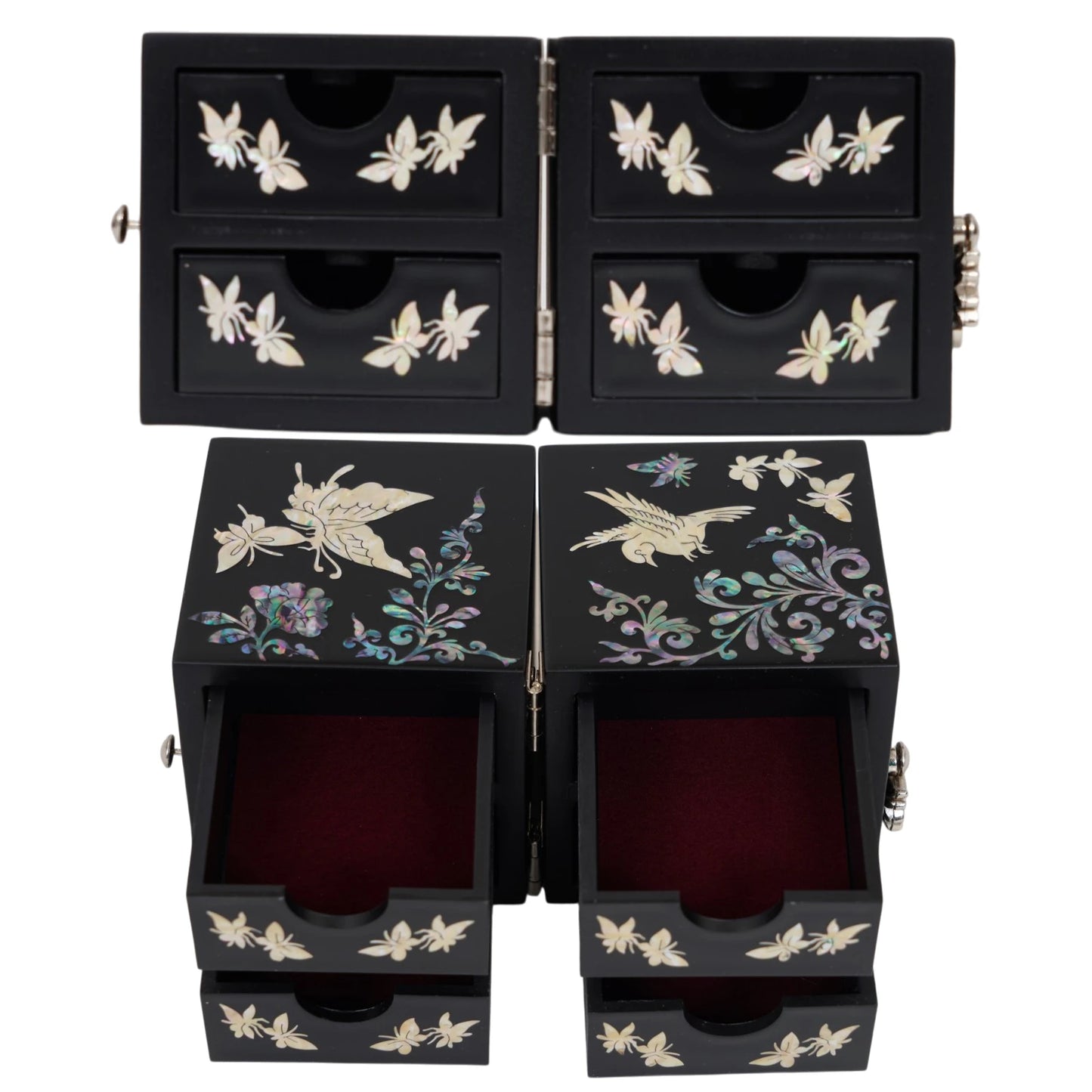 Open black lacquer jewelry storage chest with red velvet lined drawers, unique handmade gift for mothers day.