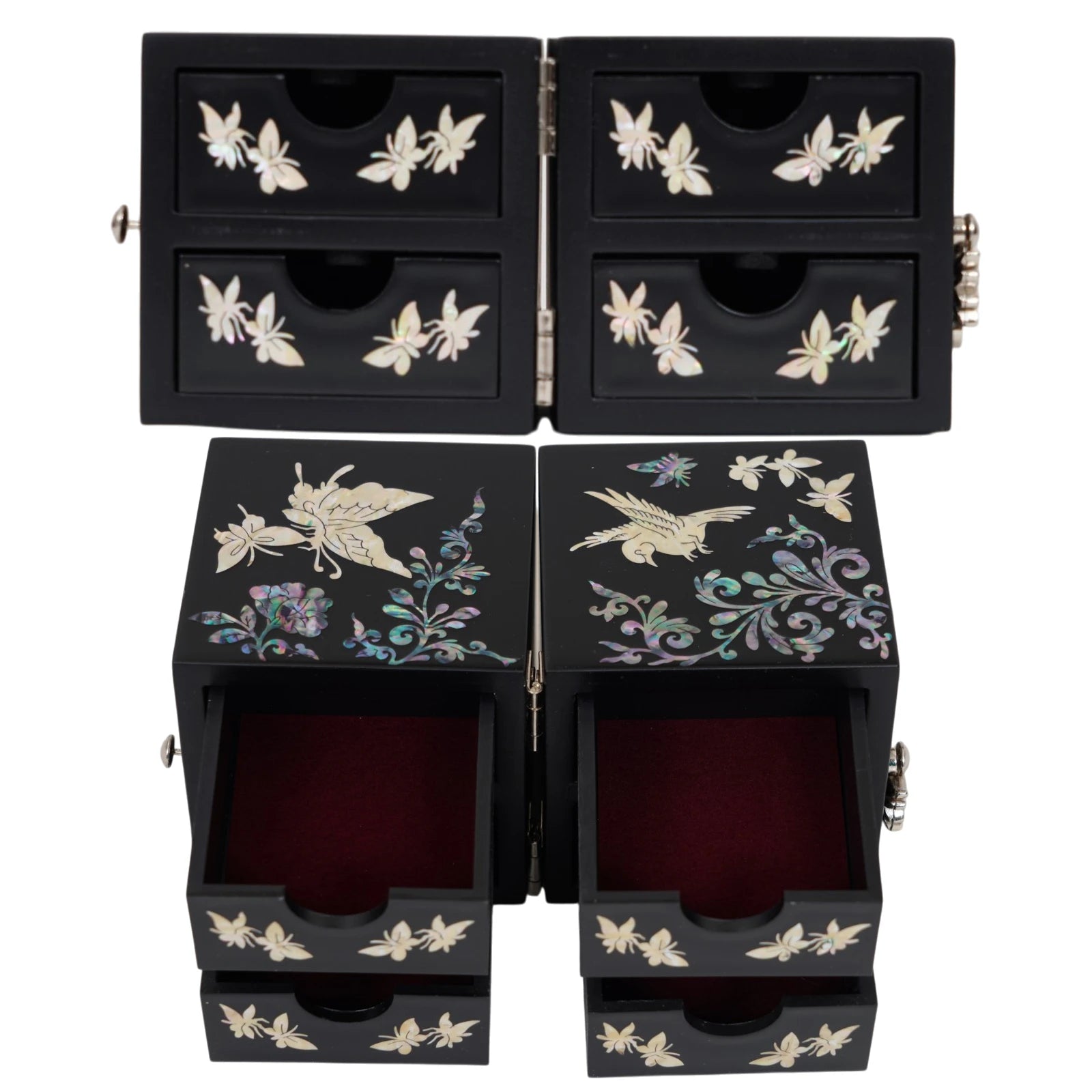 Open black lacquer jewelry storage chest with red velvet lined drawers, unique handmade gift for mothers day.