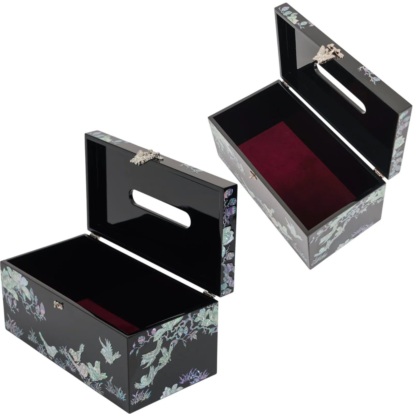 Open black tissue box with burgundy velvet interior lining