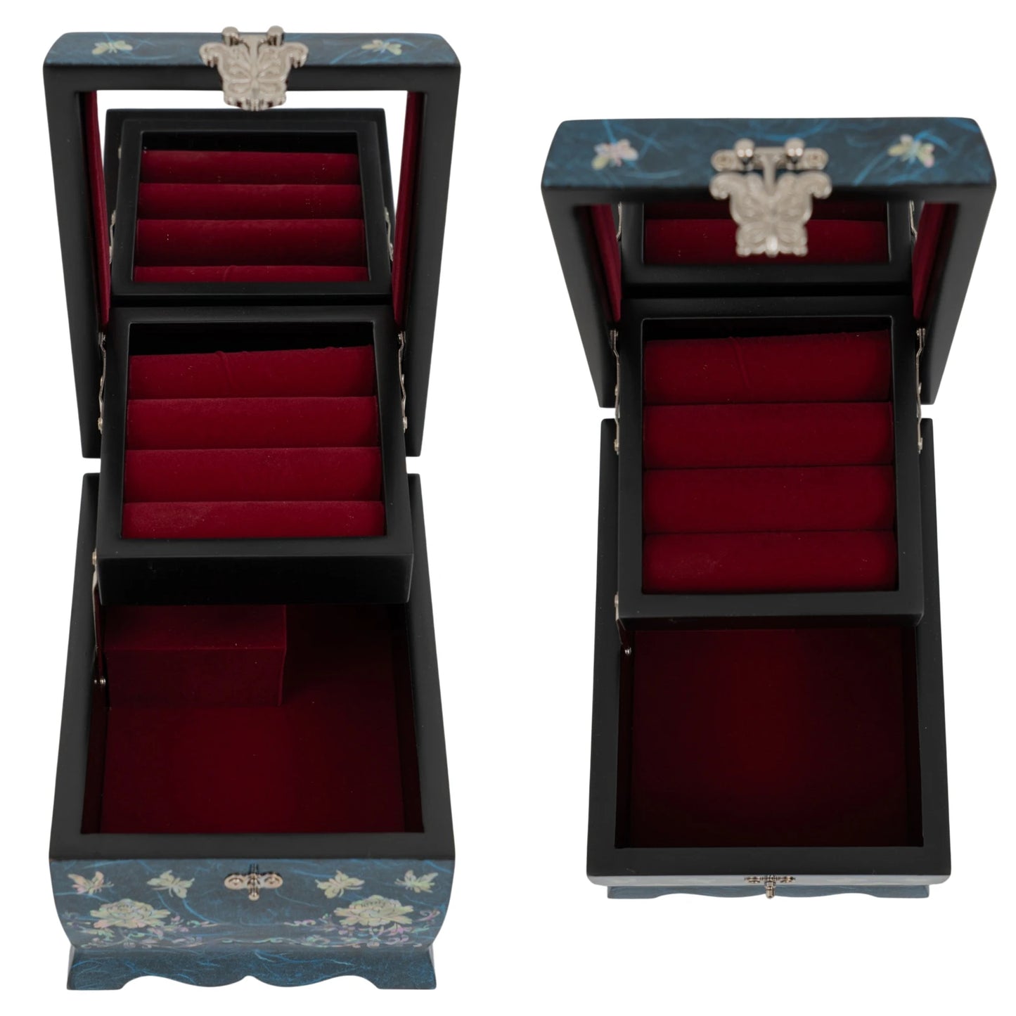 Open blue jewelry box with a vibrant red velvet lining, featuring a dedicated ring organizer tray and a functional interior mirror.