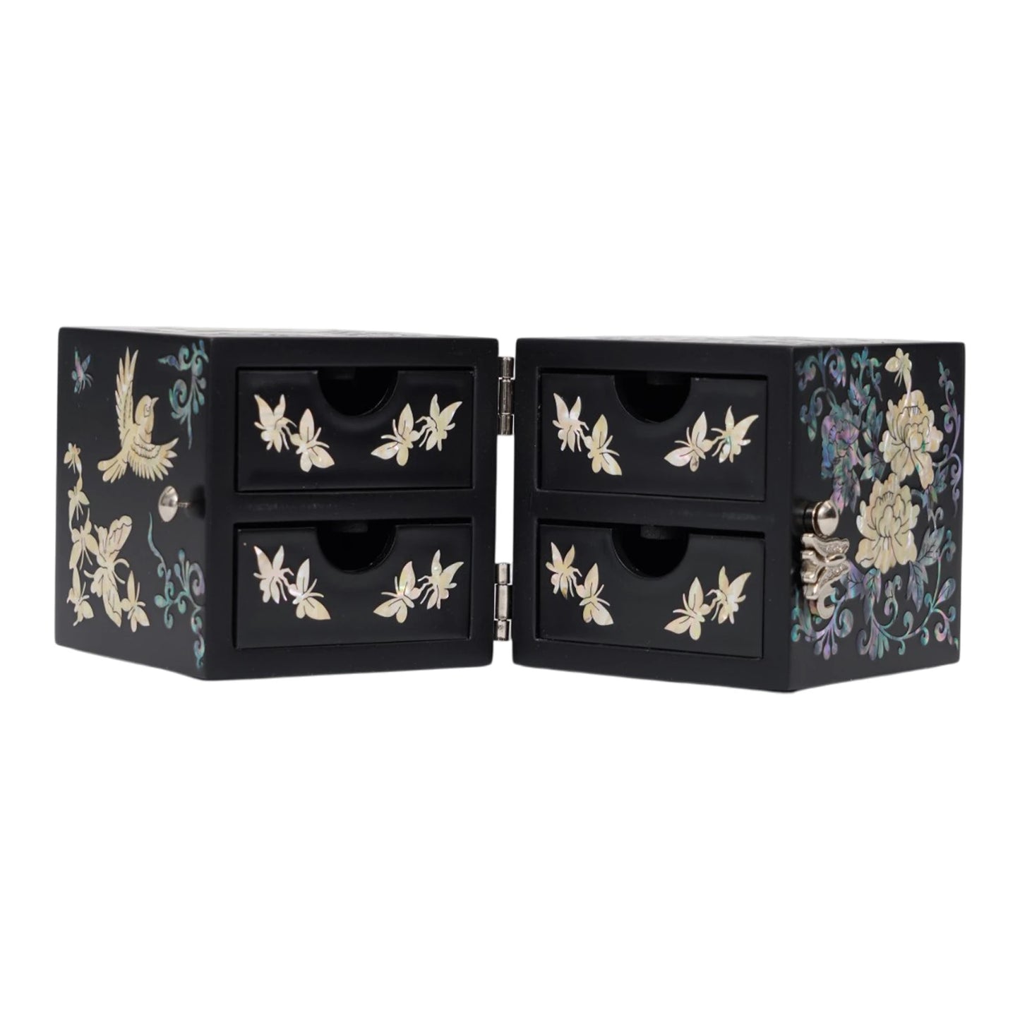 Open butterfly wooden jewelry chest revealing four small drawers with mother of pearl butterfly handles for rings
