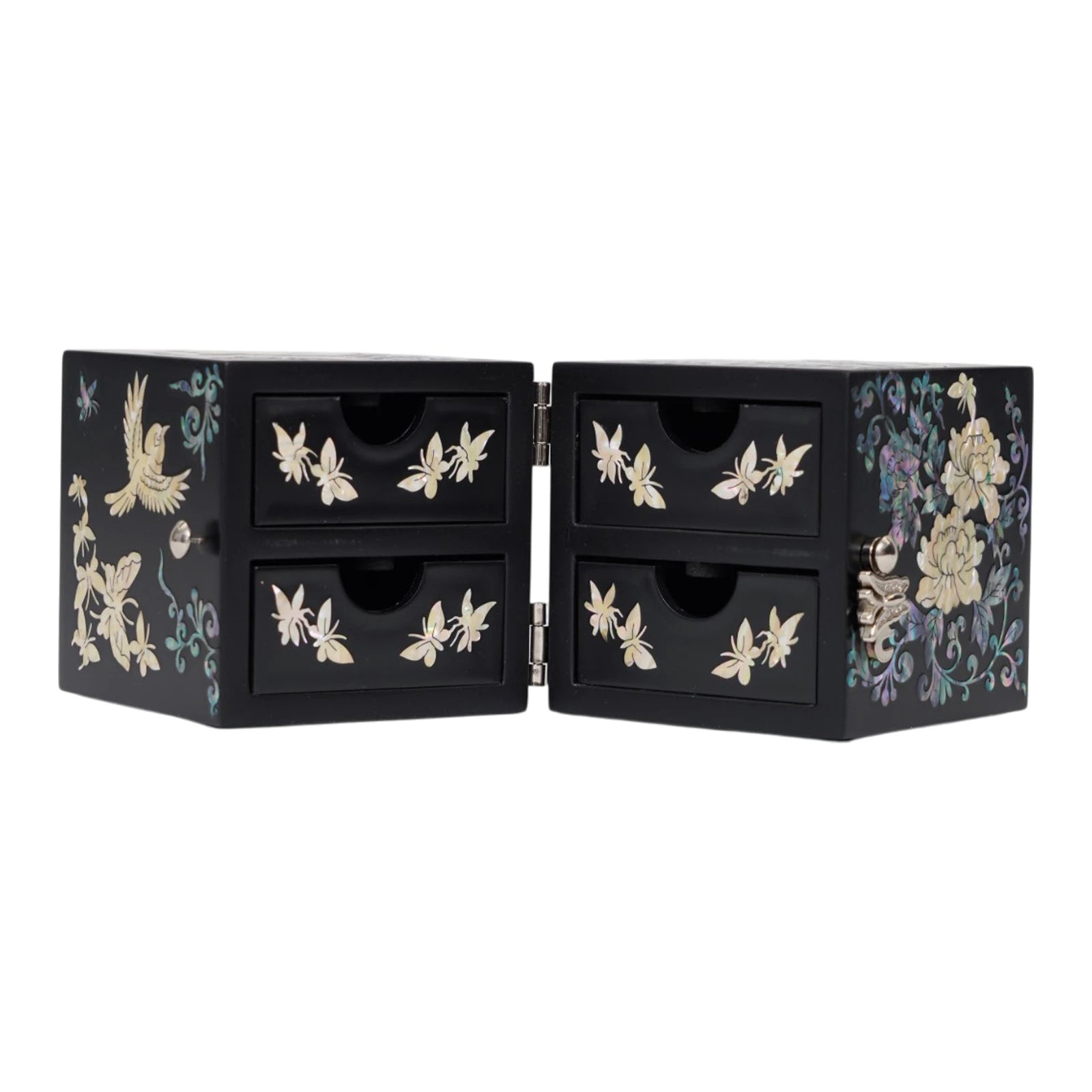Open butterfly wooden jewelry chest revealing four small drawers with mother of pearl butterfly handles for rings