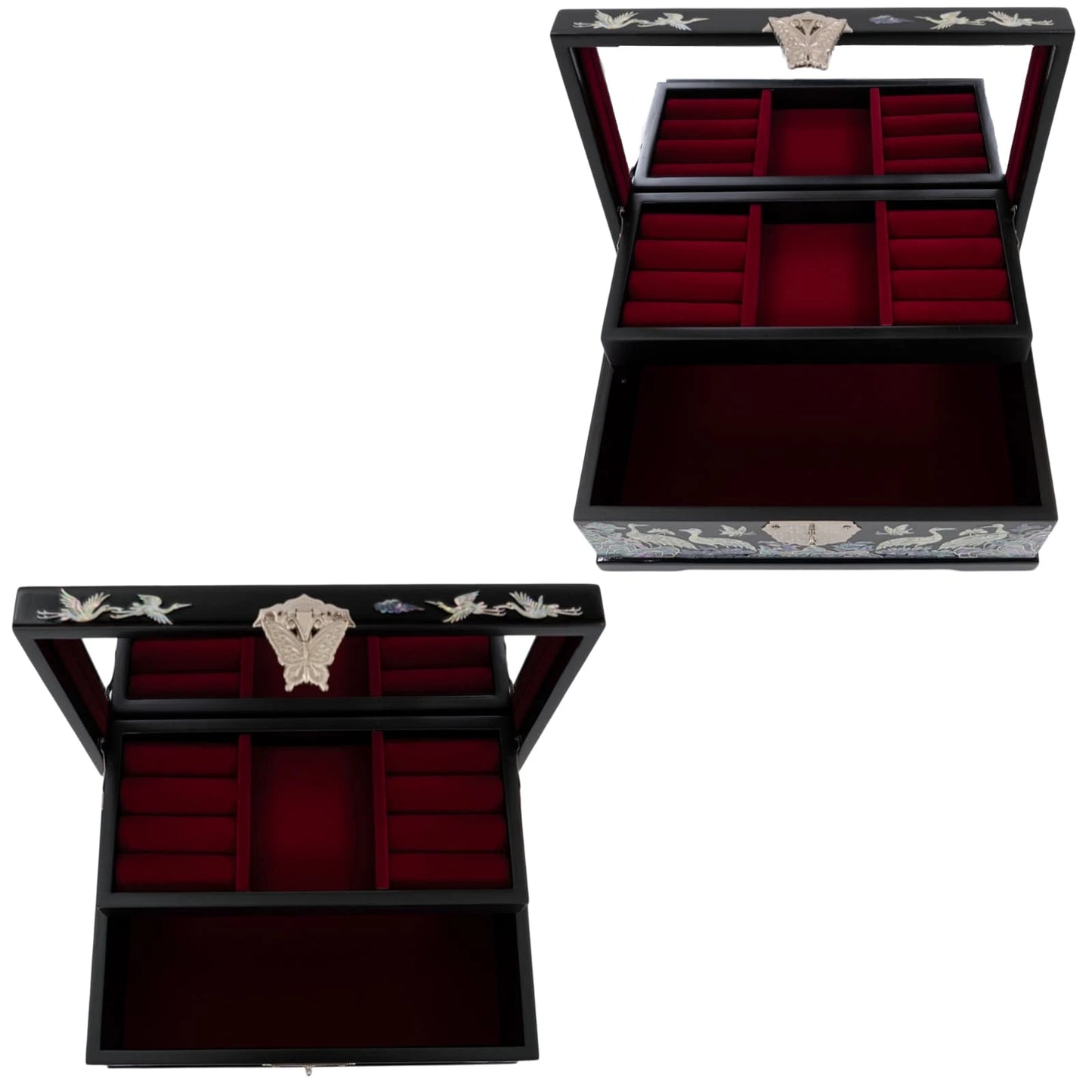 Open crane design 2 drawer jewelry box with vanity mirror, luxury red velvet storage chest for dresser decor gift