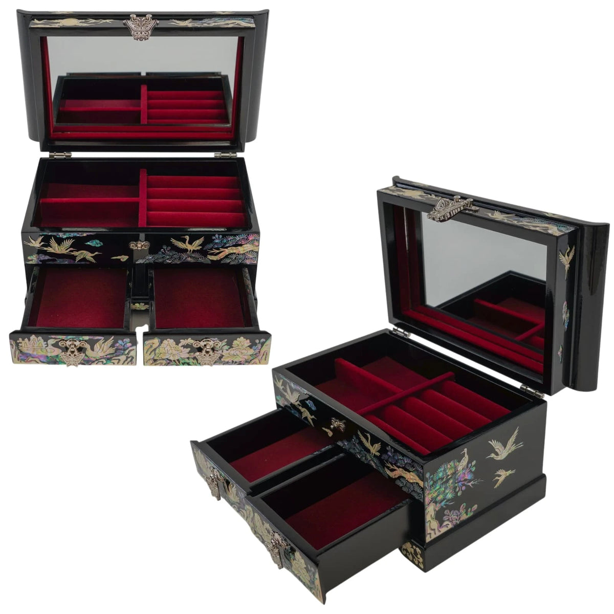 Open crane mother of pearl jewelry box, two angles showing mirror, ring tray and pull-out drawers