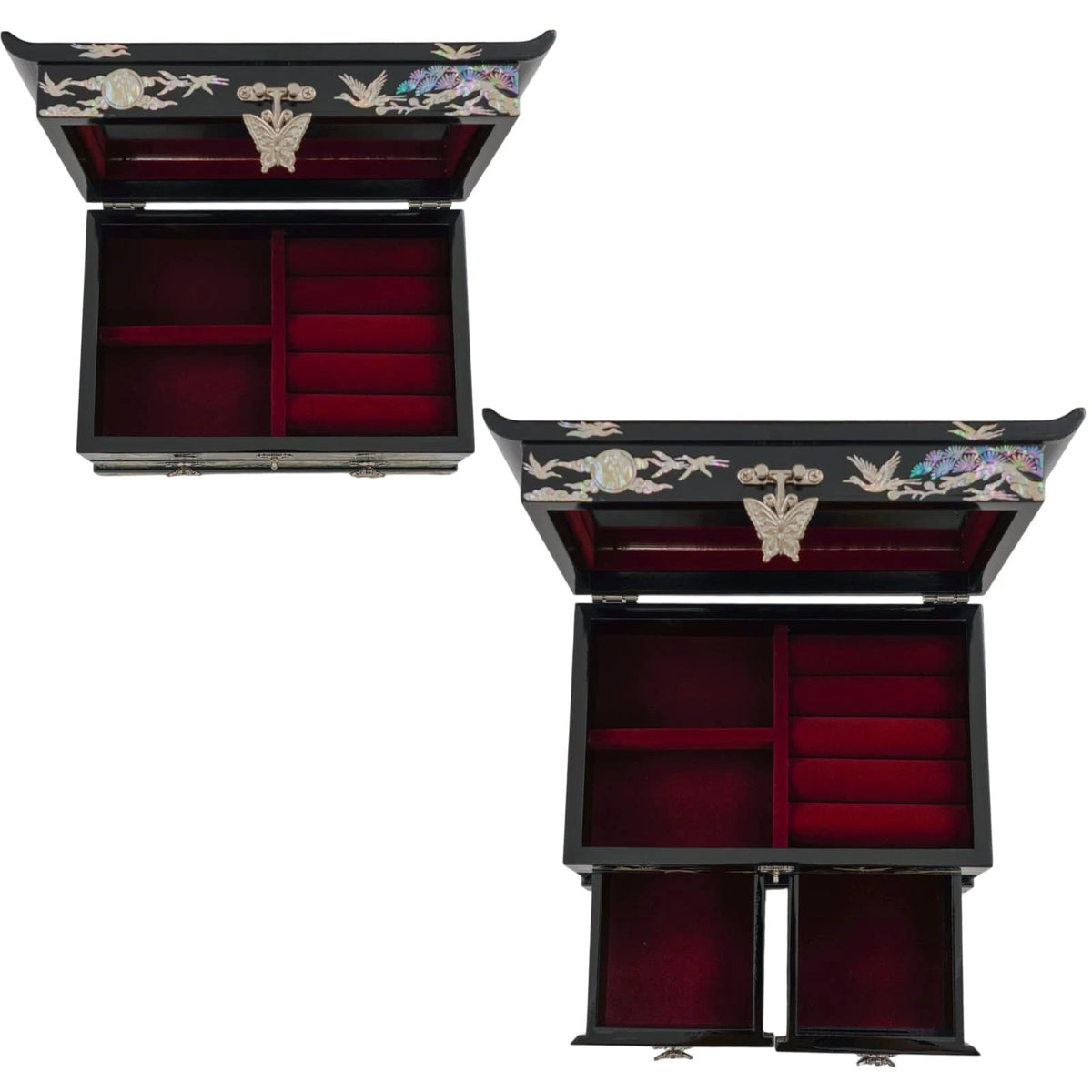 Open crane mother of pearl jewelry box top view, red velvet ring rolls, compartments and 2 drawers