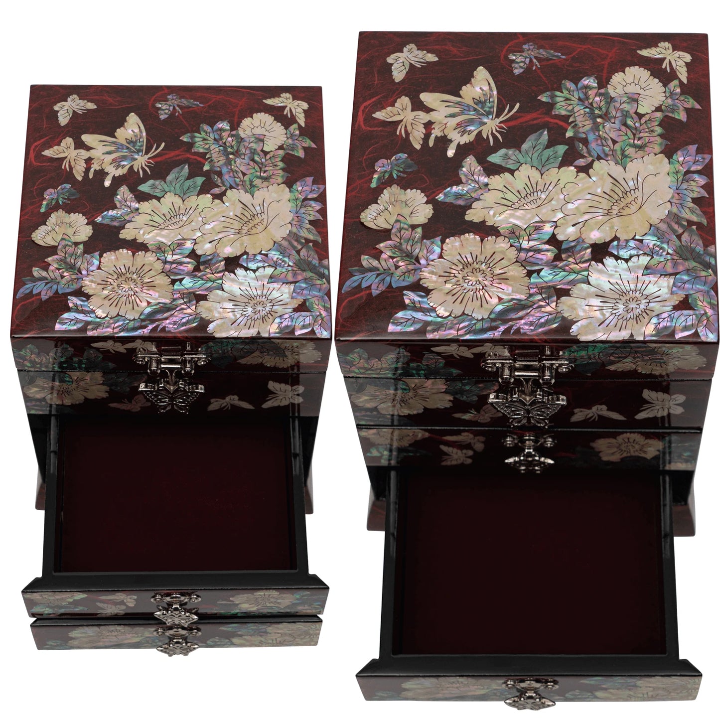 Open drawer display of red lacquerware chest showing deep black interior. Perfect for small heirloom storage and unique anniversary gifts.