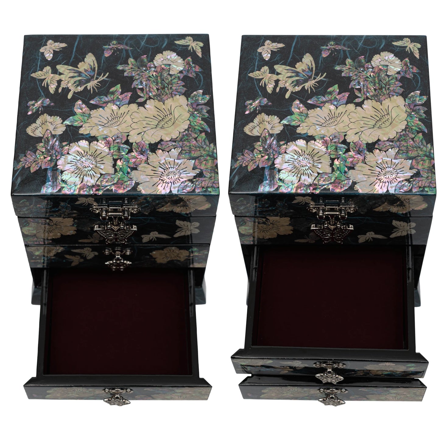 Opened drawers of a jewelry chest revealing velvet-lined interior for protection. High-contrast iridescent shell art on a premium teal textured base.