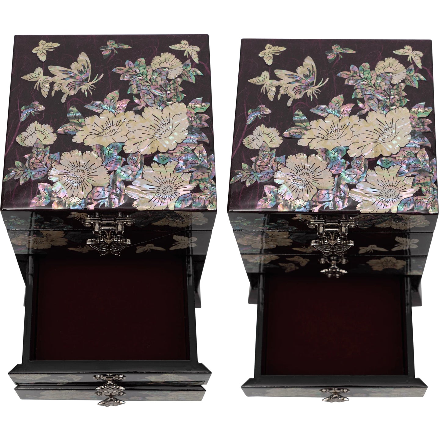 Opened drawers of a jewelry chest revealing velvet-lined interior for protection. High-contrast iridescent shell art on a premium teal textured base.