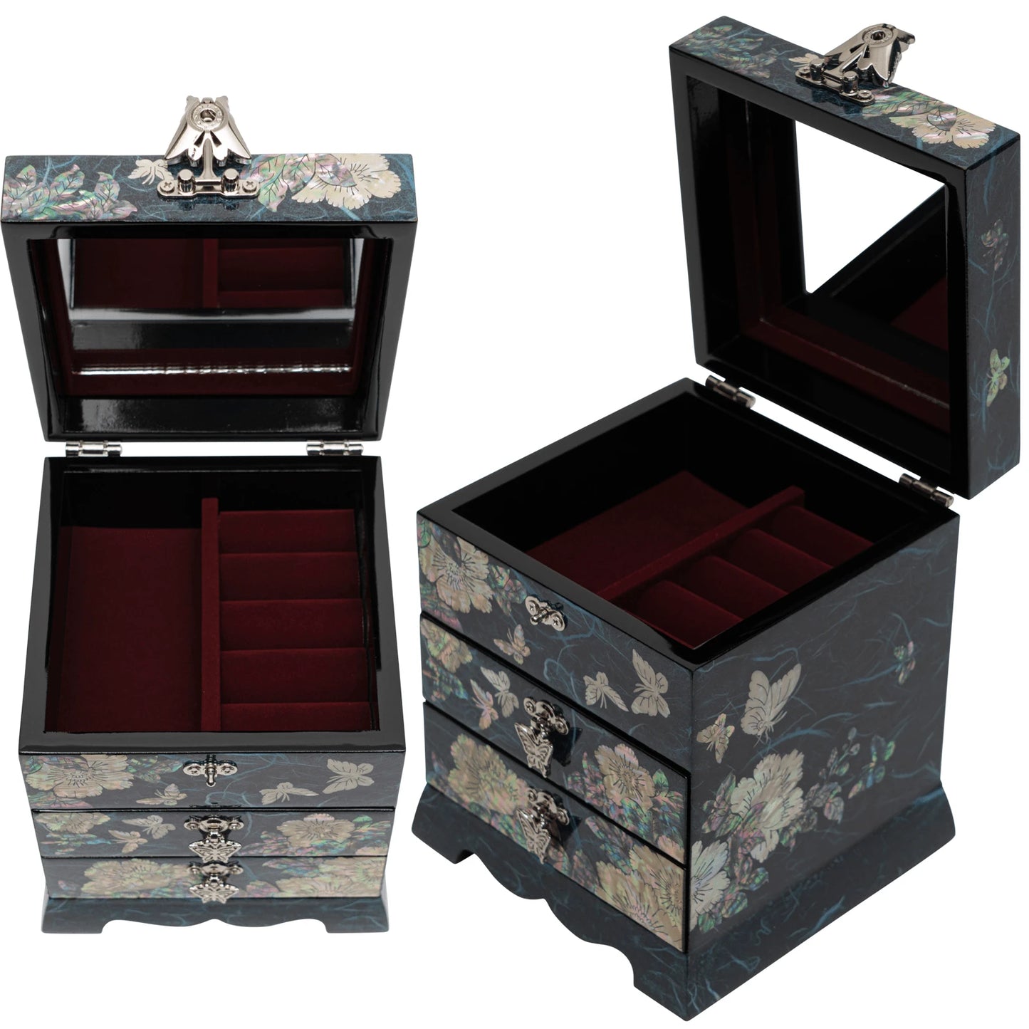 Opened jewelry box lid showing a built-in vanity mirror and red velvet ring slots. Elegant mother of pearl organizer for fine jewelry and keepsakes.
