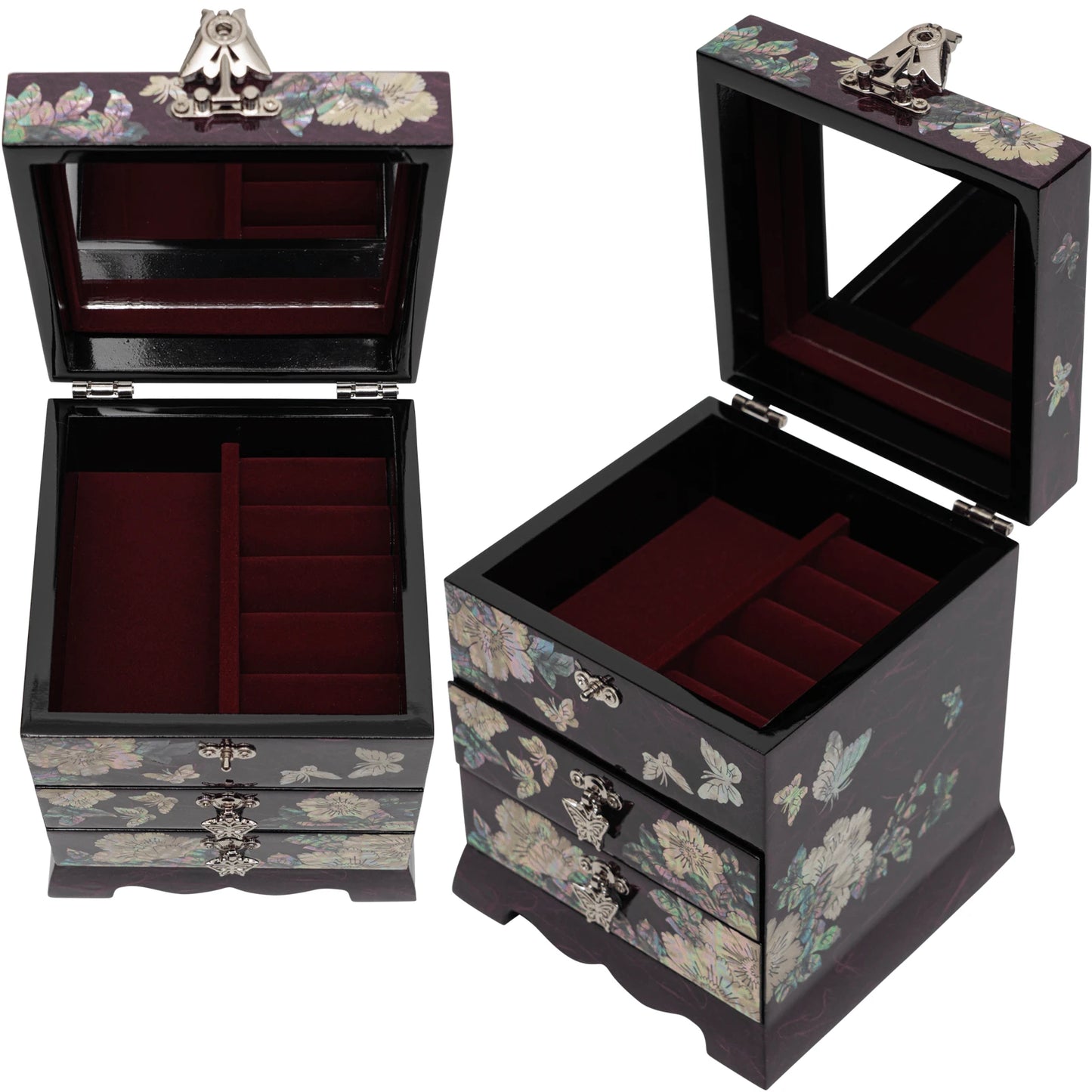 Opened jewelry box lid showing a built-in vanity mirror and red velvet ring slots. Elegant mother of pearl organizer for fine jewelry and keepsakes.