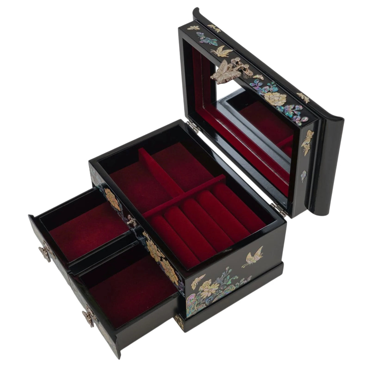 Open floral mother of pearl jewelry box, angled view of mirror lid, ring rolls and open drawers