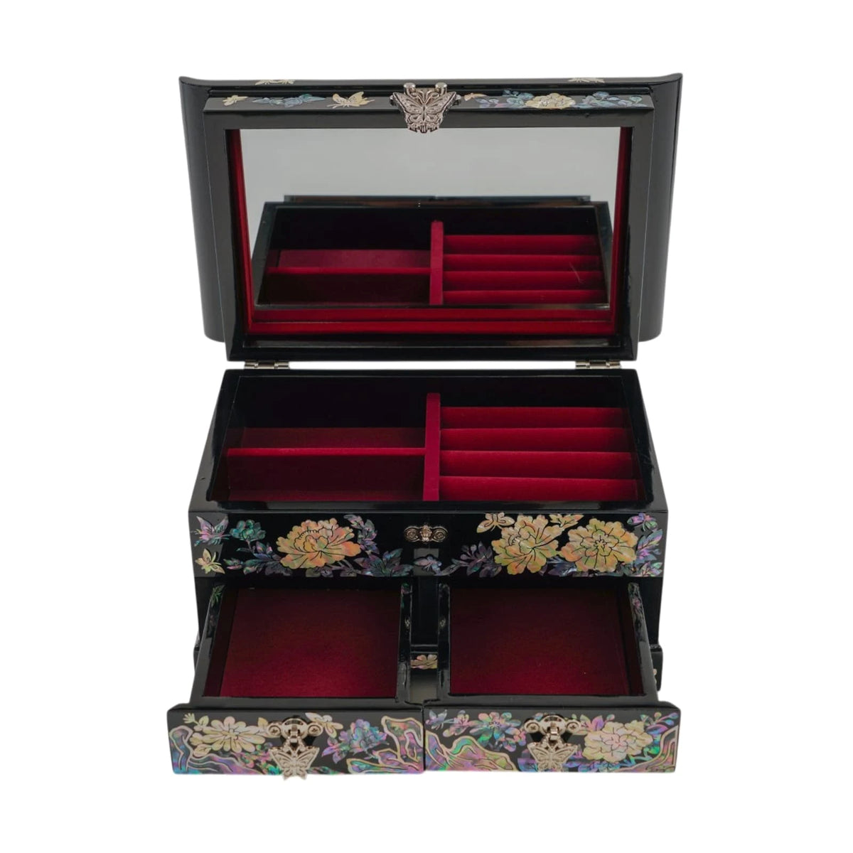 Open floral mother of pearl jewelry box, mirror lid, ring rolls and two red velvet lined drawers