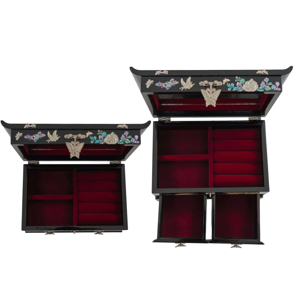 Open floral mother of pearl jewelry box top view, red velvet ring rolls, compartments and 2 drawers