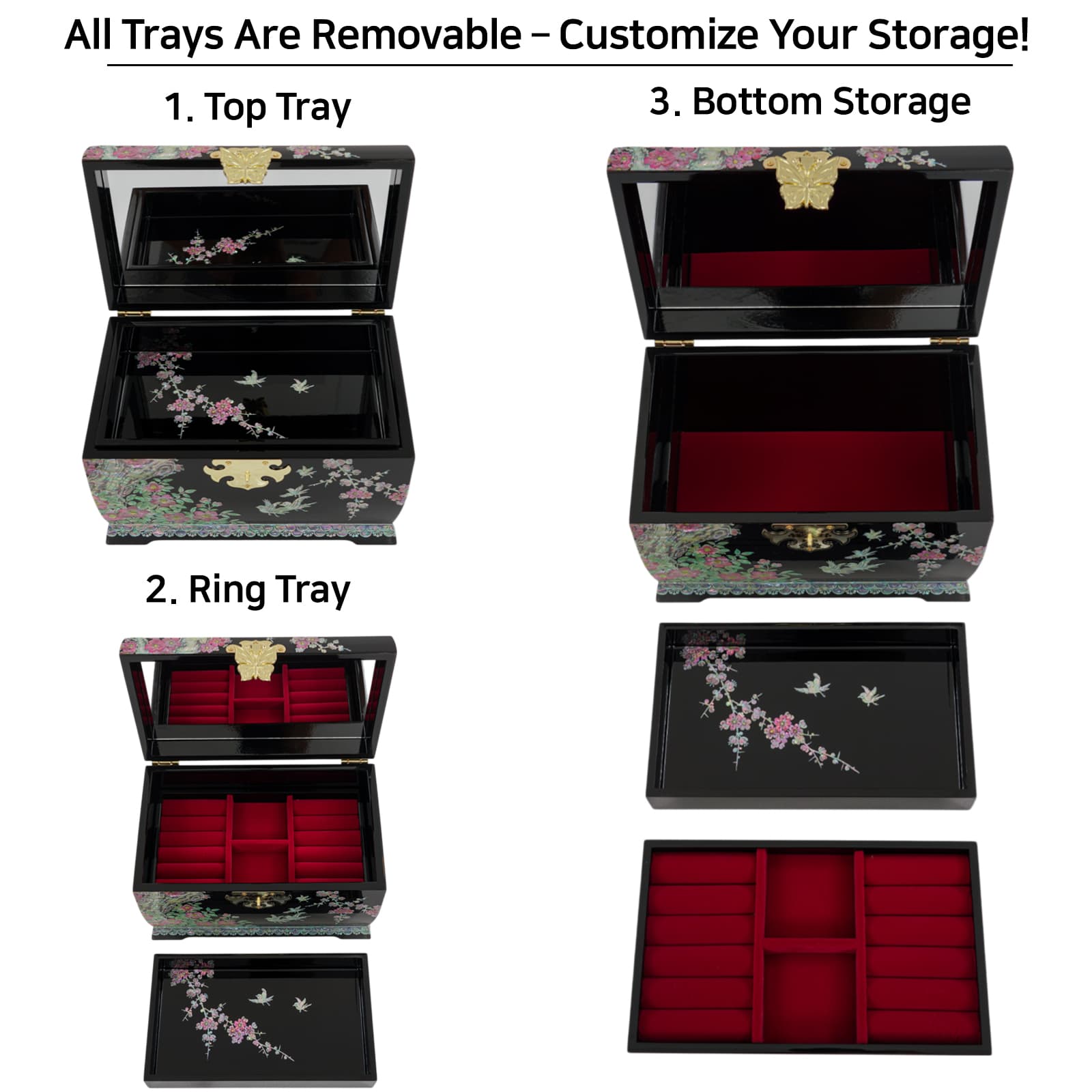 Open jewelry box showing removable trays and red velvet-lined storage compartments
