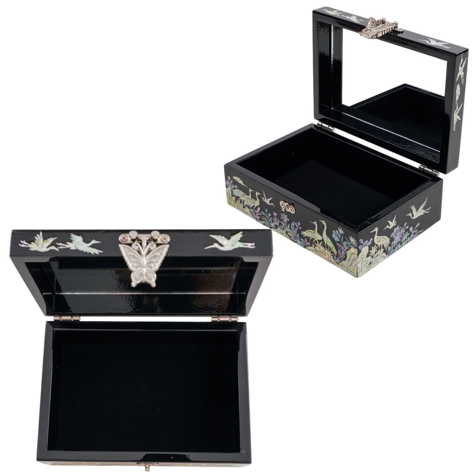 Open jewelry box with interior mirror and crane inlay on the sides