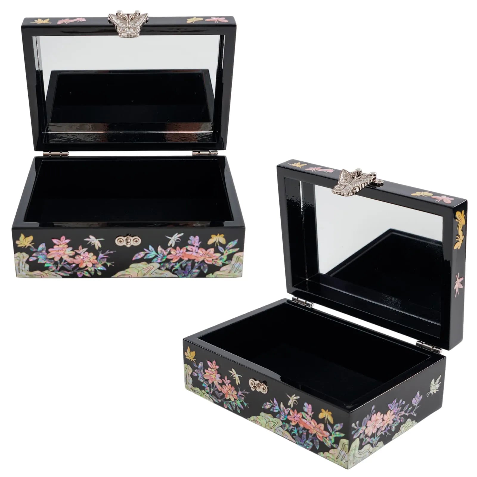 Open jewelry box with mirror and floral mother-of-pearl inlay on black lacquer