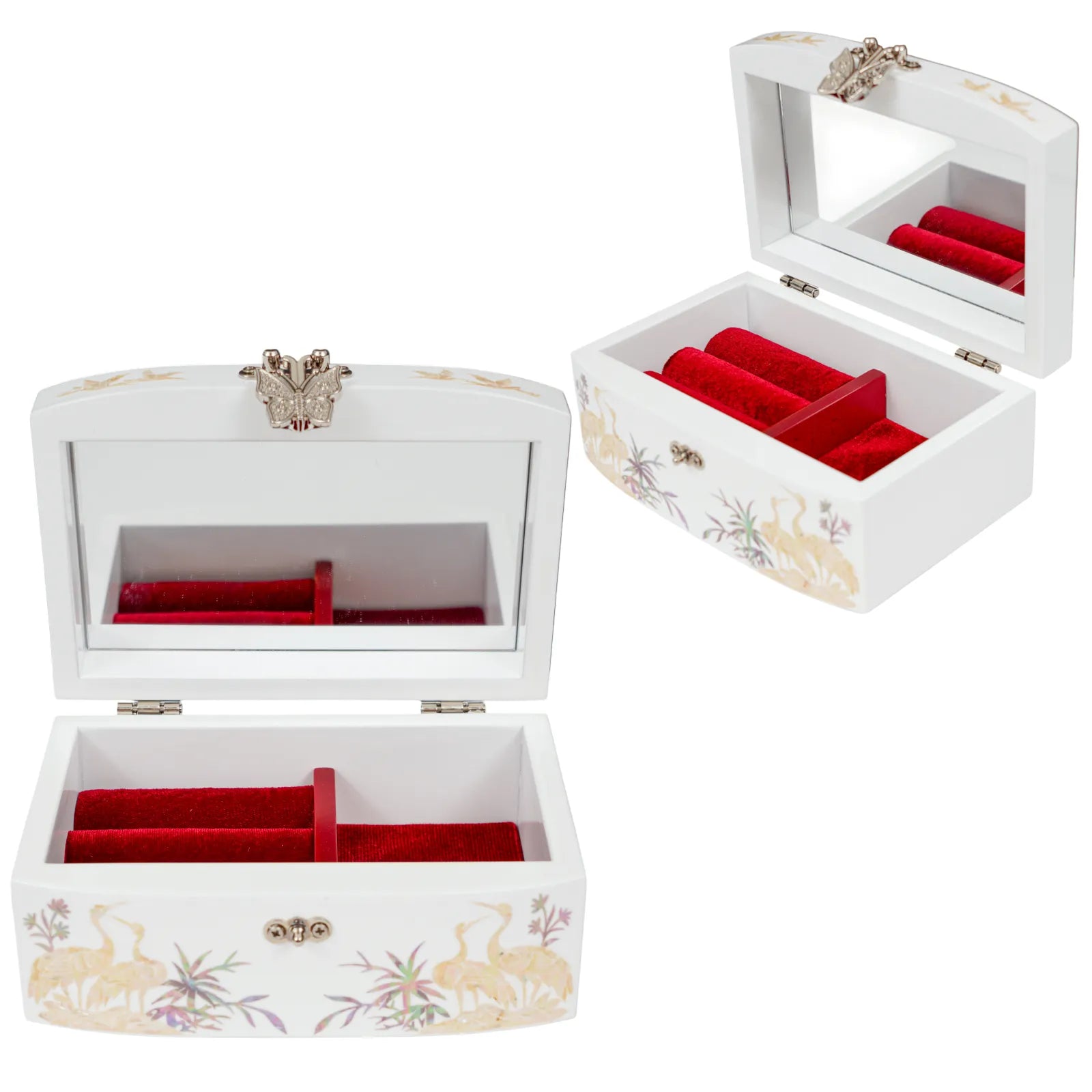 Open jewelry box with red velvet interior and mirror lid, crane motif inlay