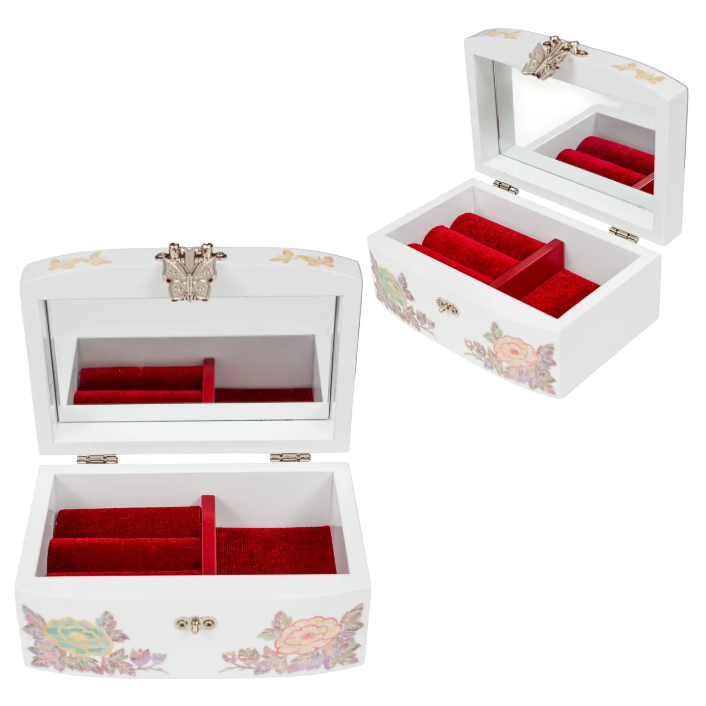 Open jewelry box with red velvet interior and mirror lid, peony flower inlay
