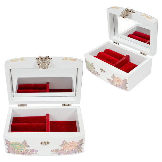 Open jewelry box with red velvet interior and mirror lid, peony flower inlay