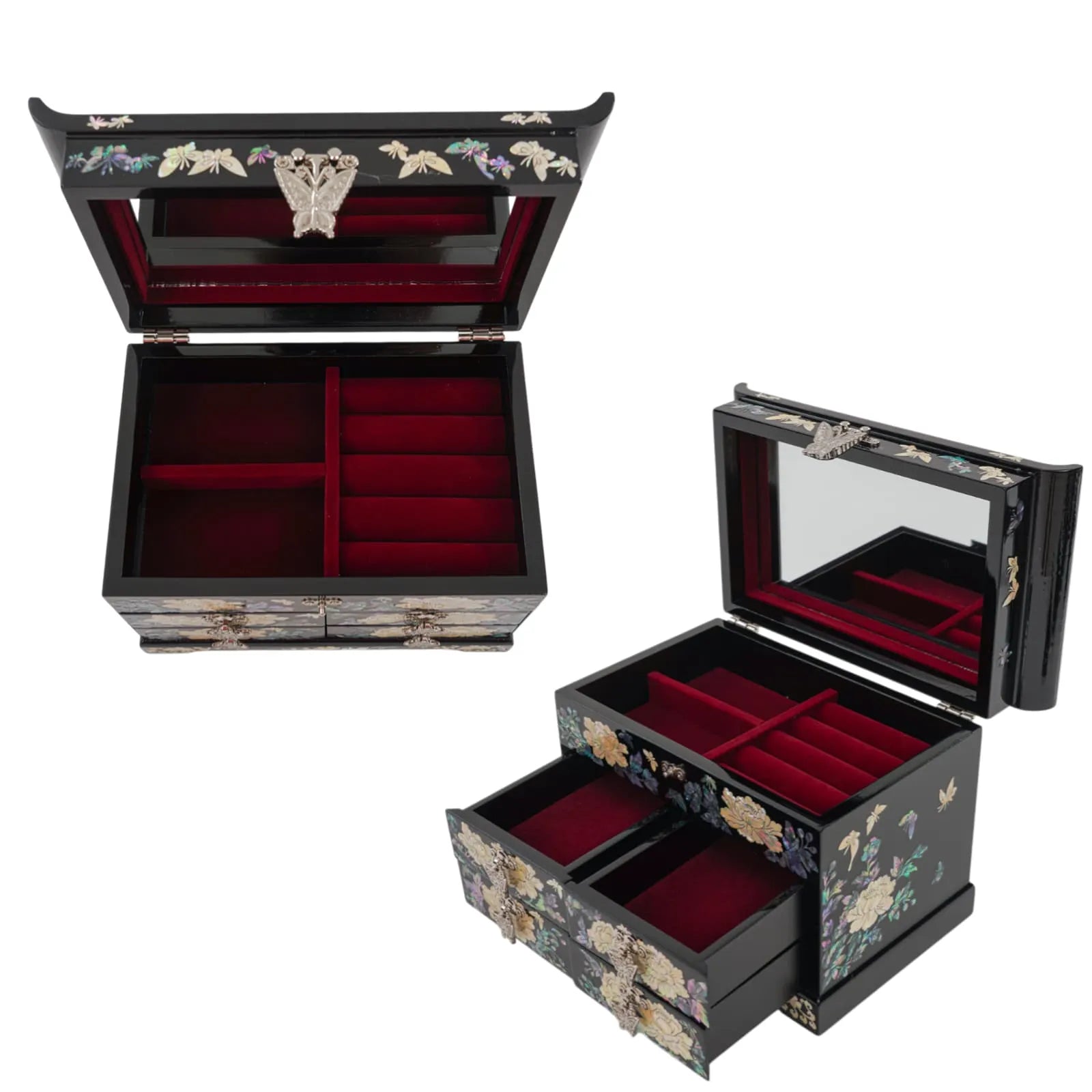Open jewelry box with red velvet lining and built-in mirror interior