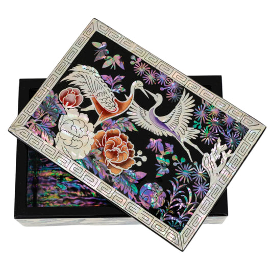 Mother-of-Pearl Trinket Box – Cranes & Peonies on Black Lacquer