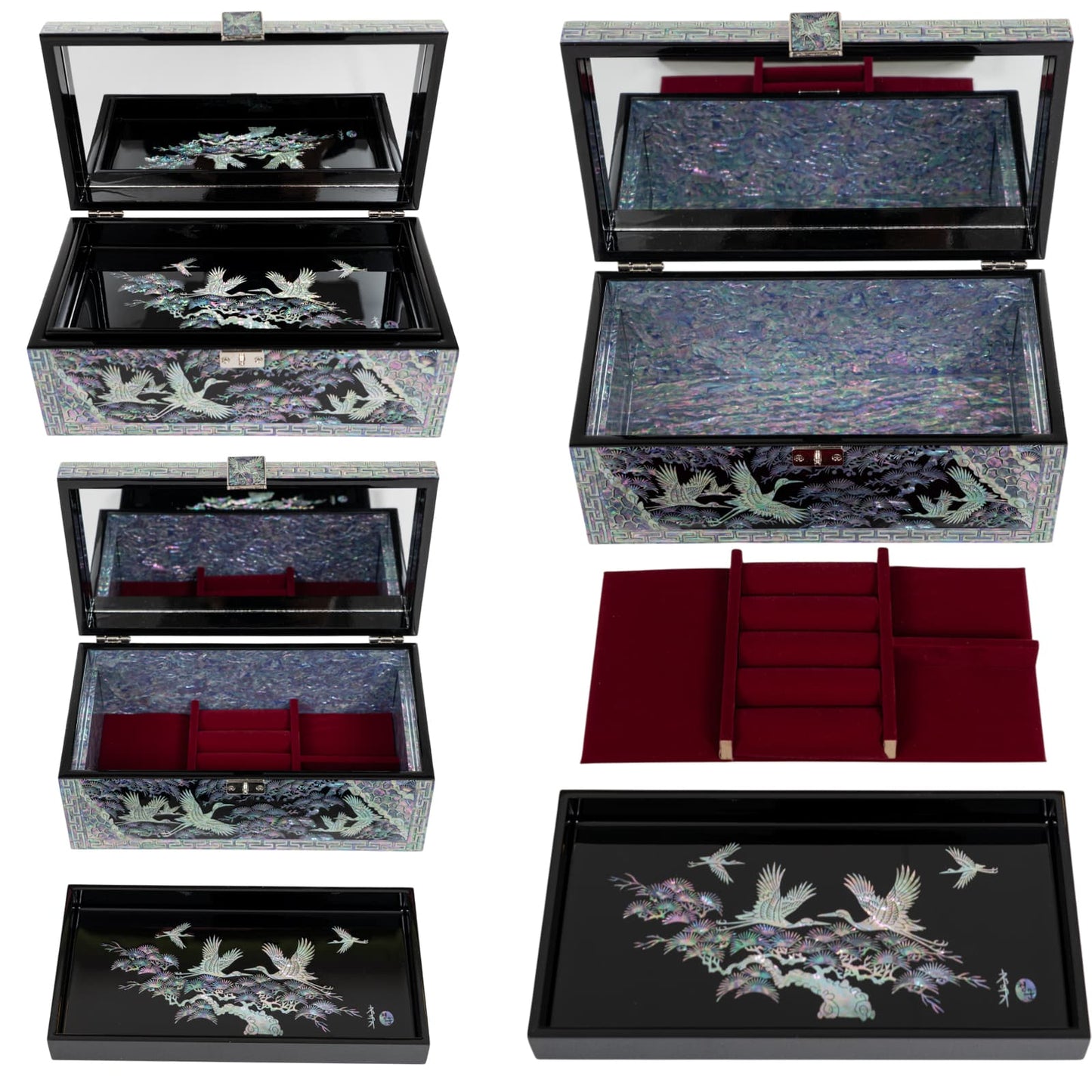Open mother-of-pearl jewelry box showing crane inlay tray and removable red velvet organizer.