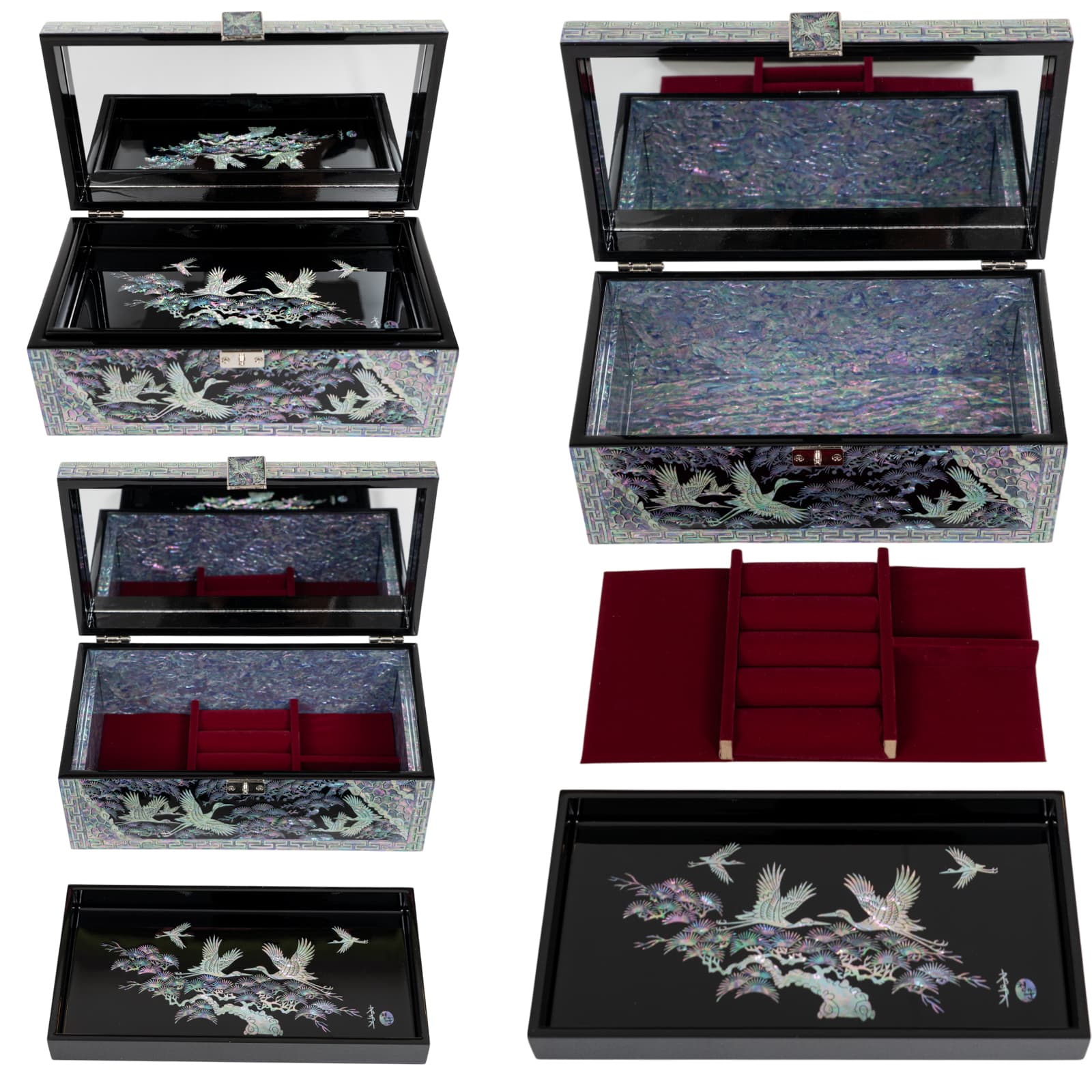 Open mother-of-pearl jewelry box showing crane inlay tray and removable red velvet organizer.