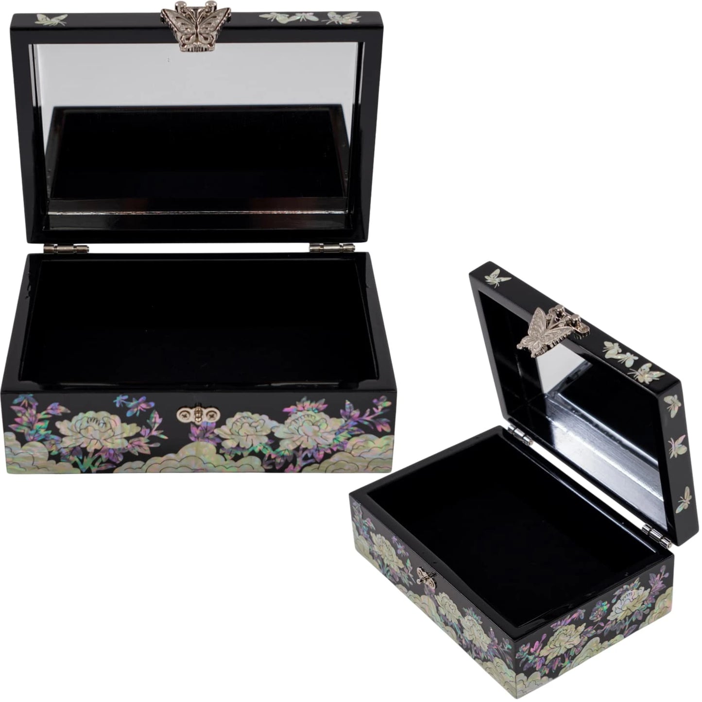 Open mother of pearl jewelry box showing built-in mirror, velvet-lined interior, and spacious storage compartment