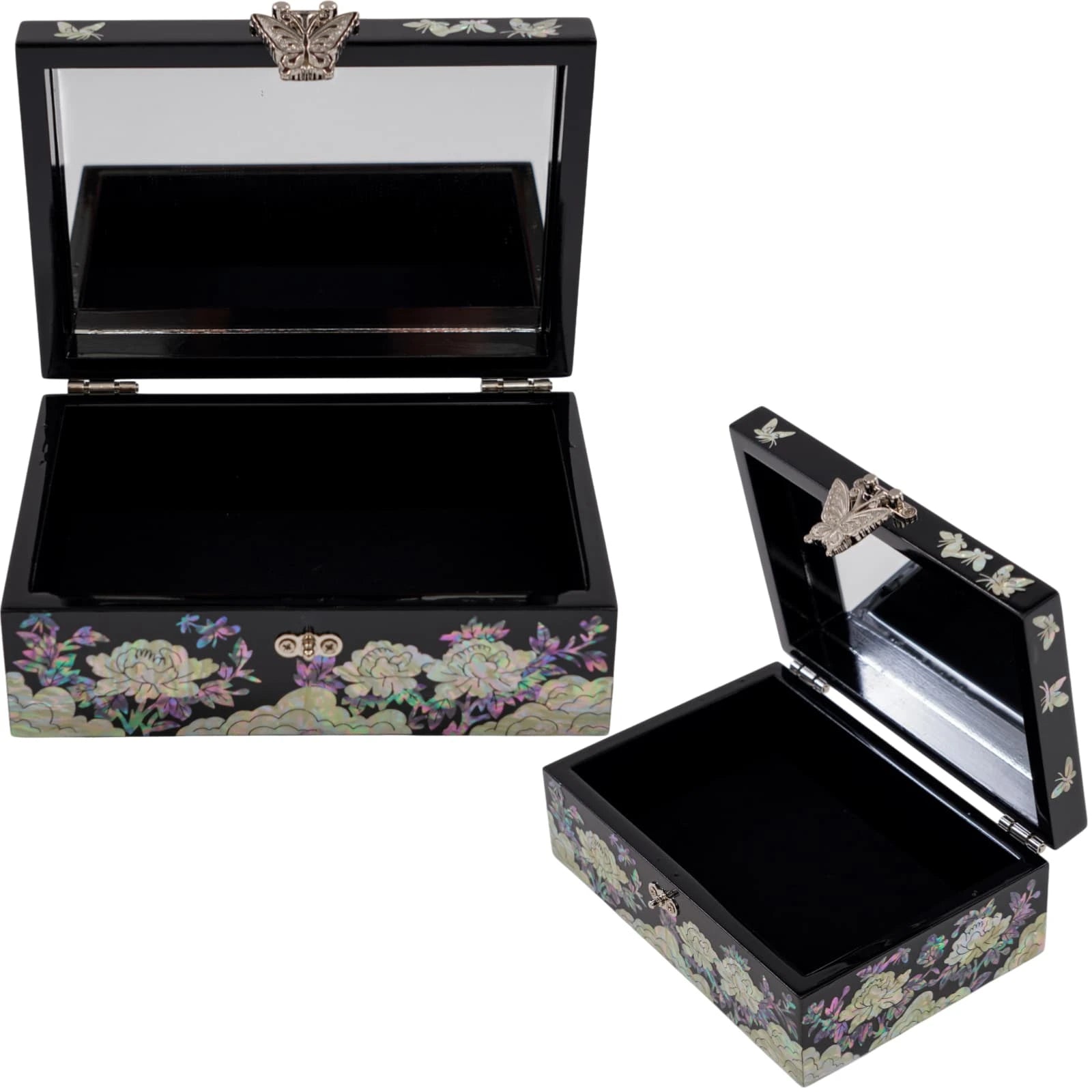 Open mother of pearl jewelry box showing built-in mirror, velvet-lined interior, and spacious storage compartment